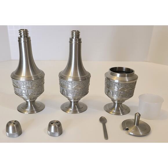Condiment Set Royal Pewter Thailand Salt Pepper Shakers Jam Pot Teak Holder - Picture 4 of 8